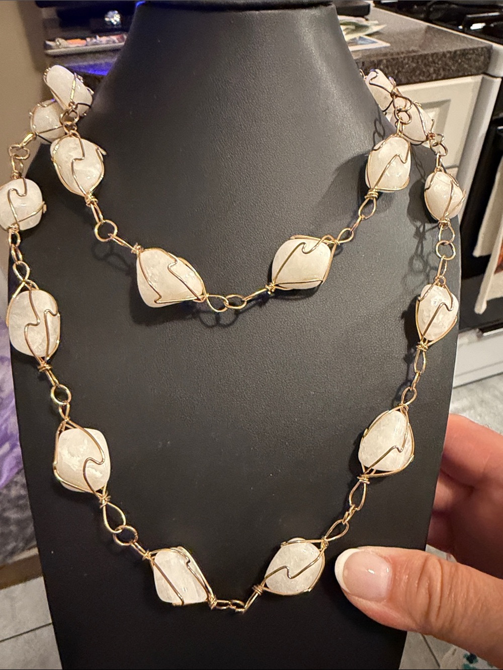 Gold Wire-Wrapped White milky quartz or agate tested Necklace; high-end like new